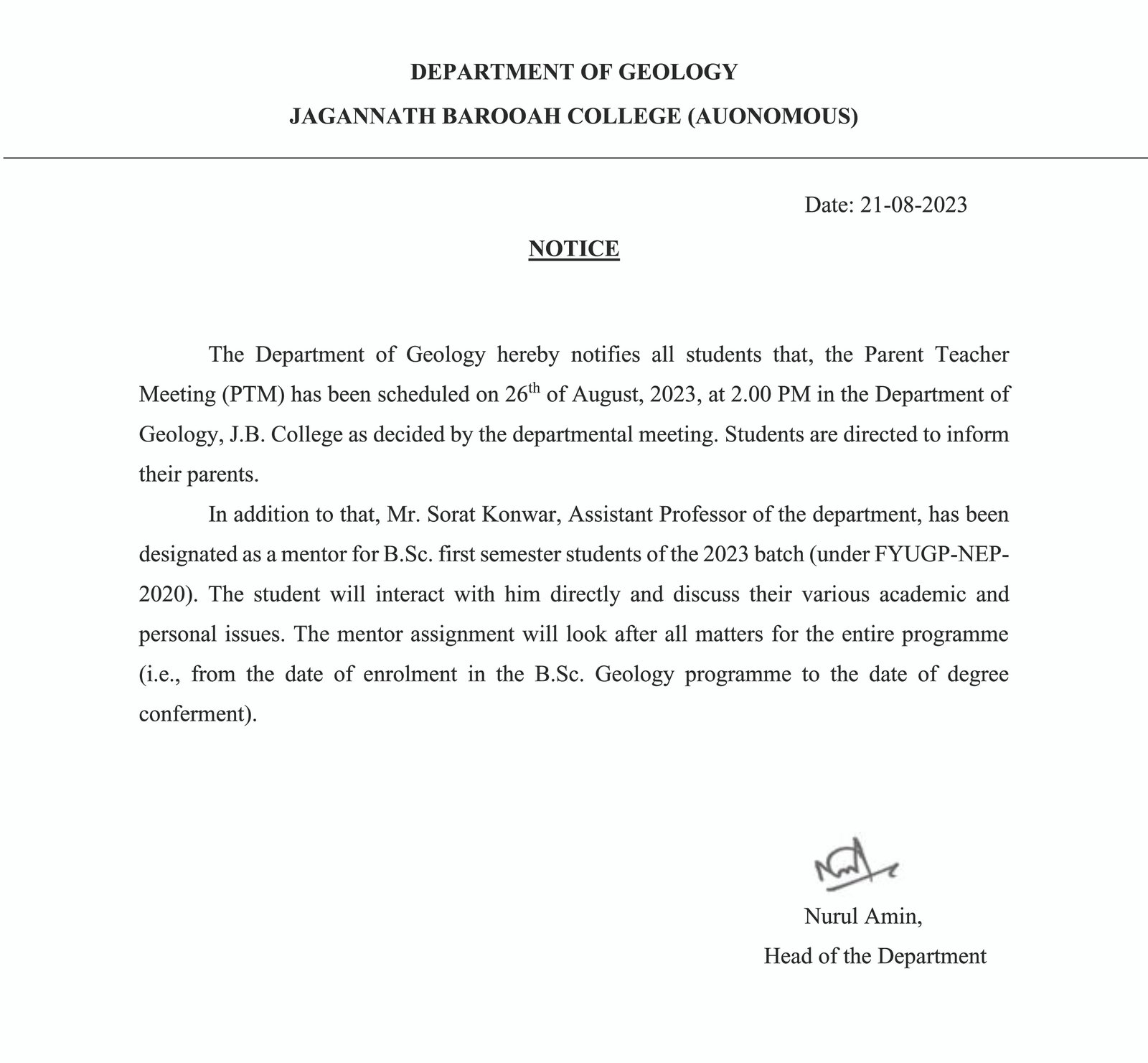 Notice From HOD