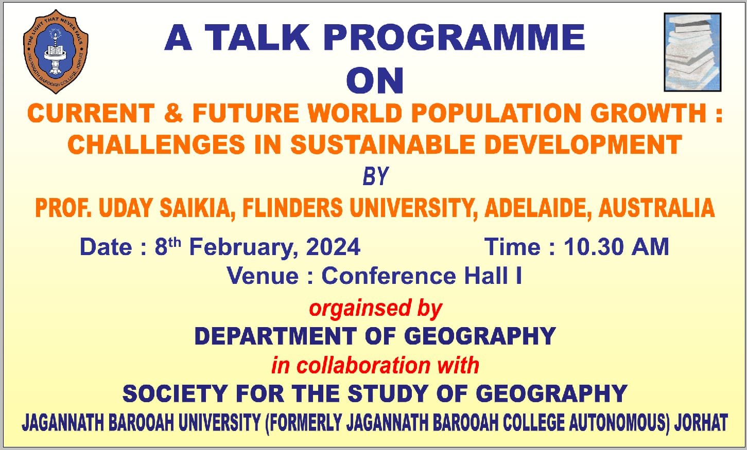 Talk Programme J.B. College Geography 8th February 2024
